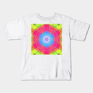 Mosaic Kaleidoscope Flower Blue Pink and Green Kids T-Shirt